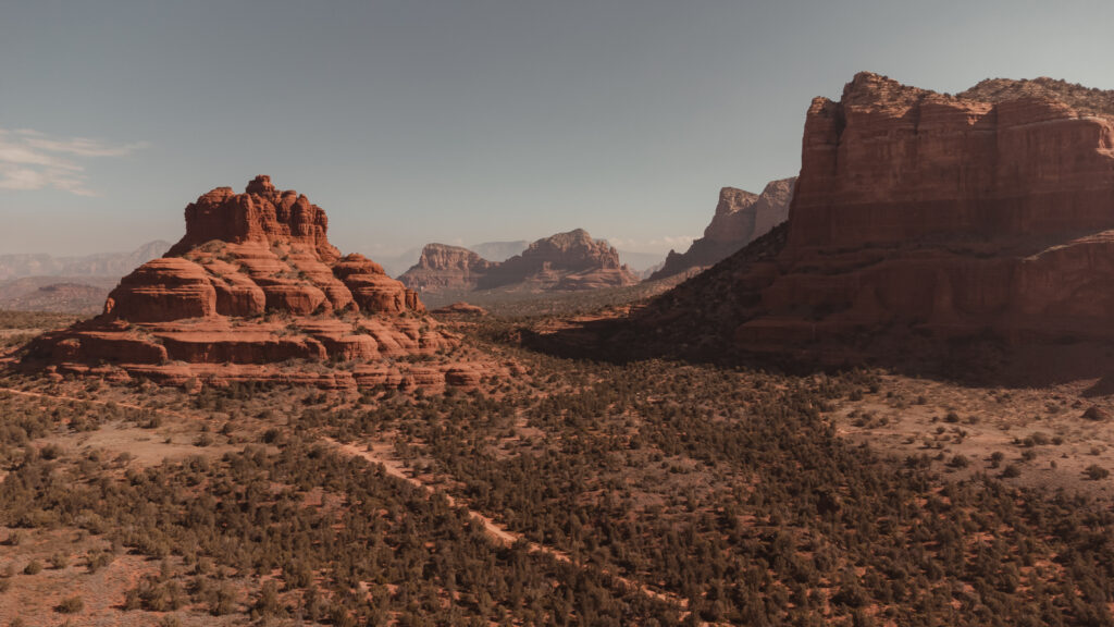 Wide-angle view of Bell Rock, a popular elopement trail in Sedona, Arizona.